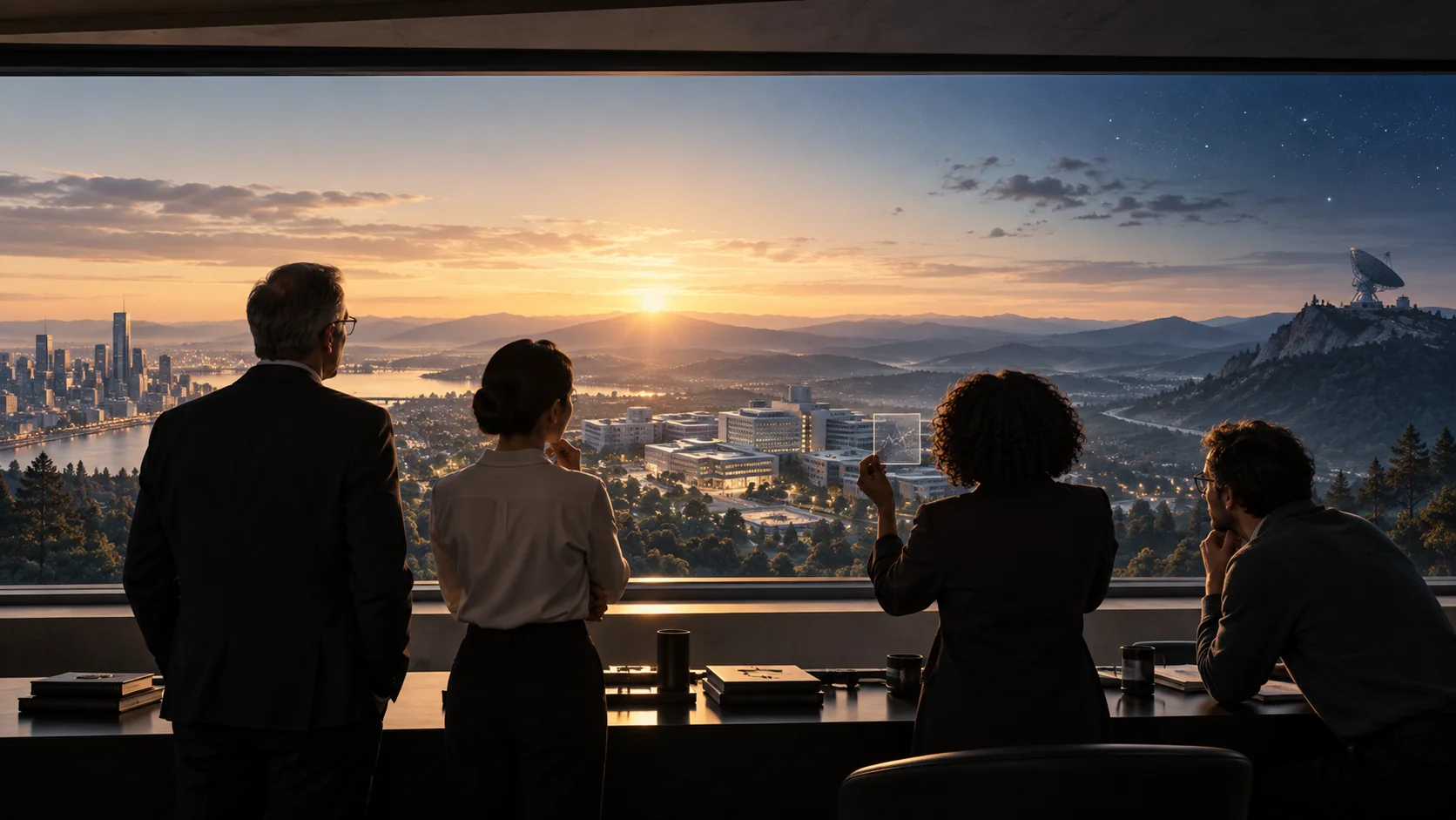 People looking across a city and research campus toward an observatory at sunrise