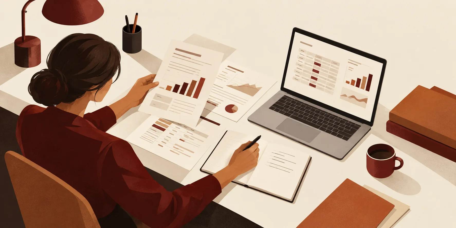 Illustration of a research analyst comparing documents and market data