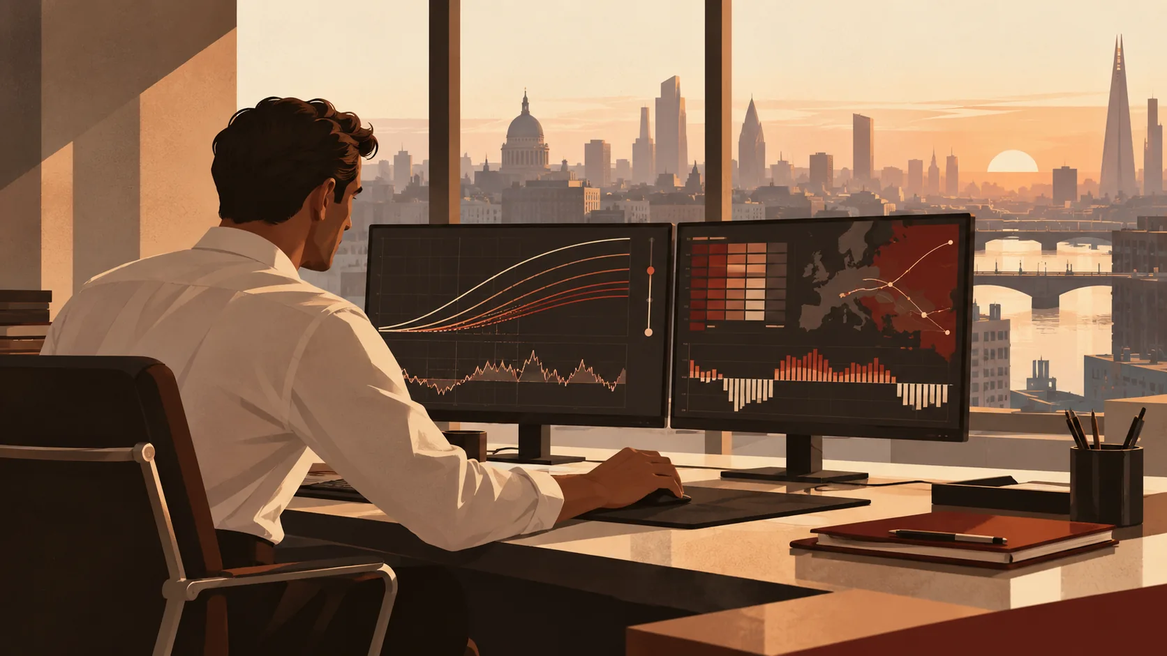 Illustration of a trader reviewing linked market views